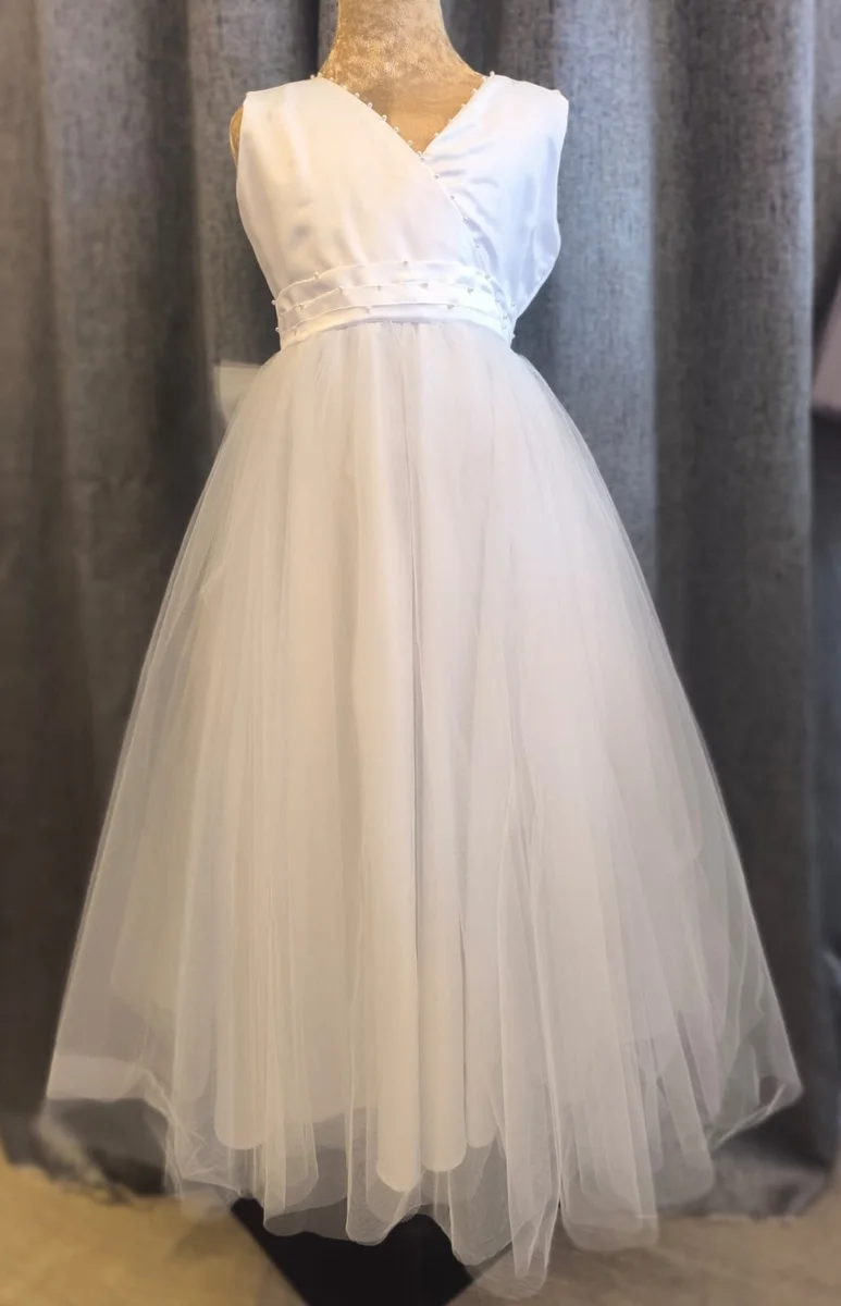 Pure White V-Neck Pearl Gown