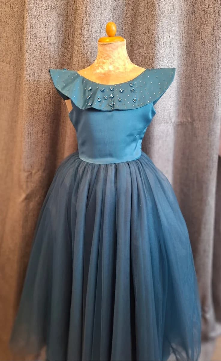 Teal Pearl Ruffle Dress