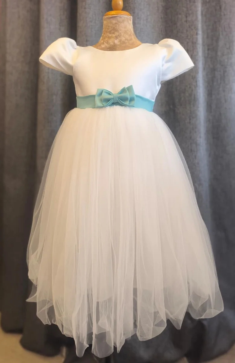 White & Teal Bow Ball Gown