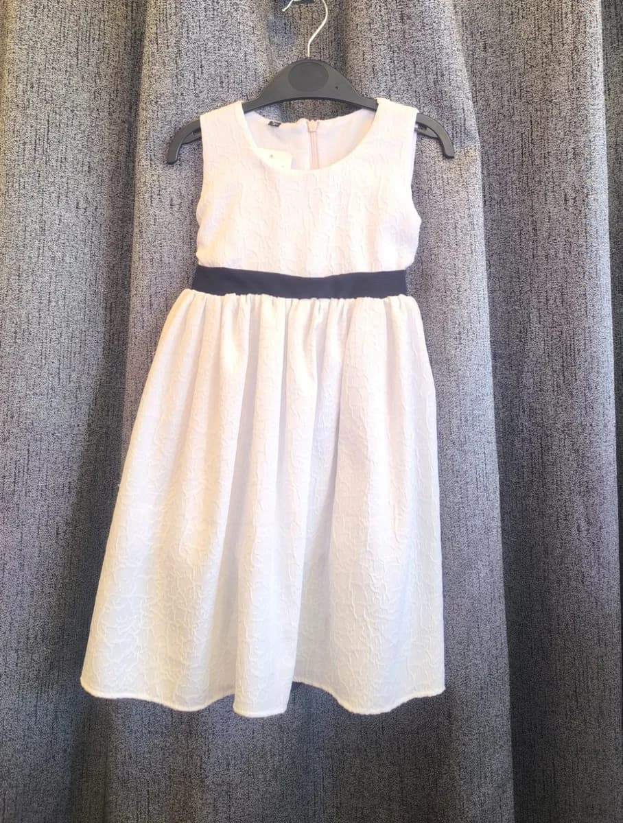 White Brocade Navy Sash Dress