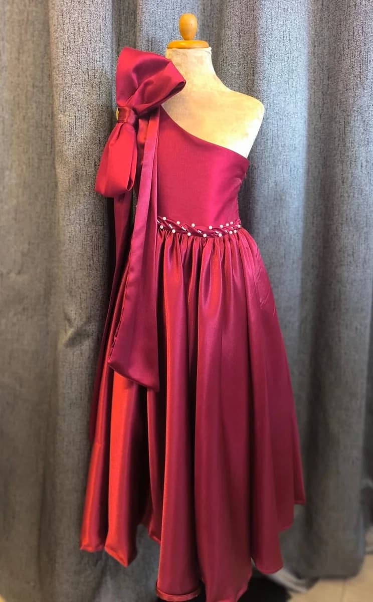 Wine One-Shoulder Bow Gown - view 2